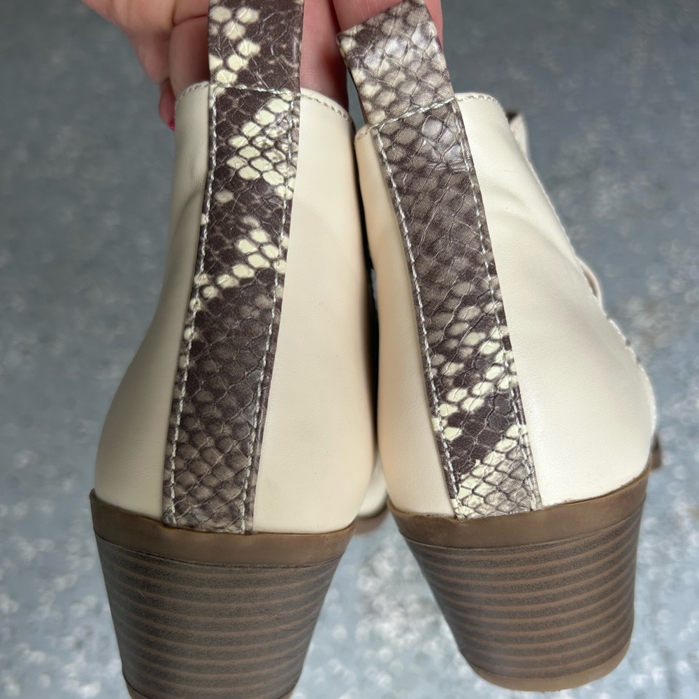 Off White & Snake Skin Pointed Toe Booties